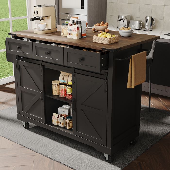 Buffet de Cuisine 2 Portes 3 Tiroirs Chariot de Service à Roulettes avec Plan de Travail Armoire de Cuisine Porte-ServiettesNoir