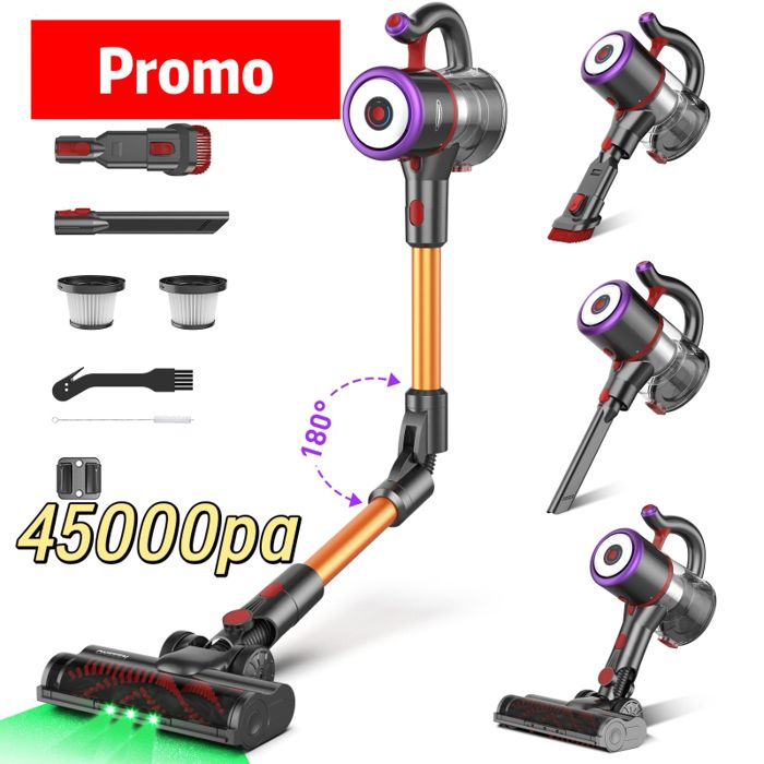 O.Ye Aspirateur Balai sans Fil Puissant 45Kpa avec 53MinLumière LED Verte / Anti étranglementTapisSols DursPoils ASPIRATEUR BALAI