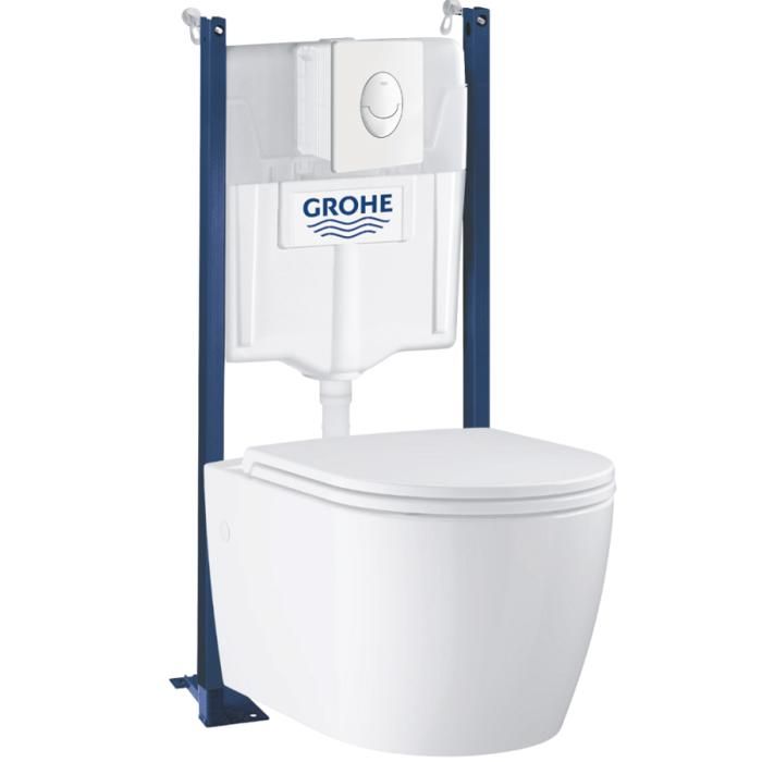 Grohe Pack WC suspendu sans bride Start Round Ceramic + abattant frein de chute + Bâti-support mur + Plaque blanc alpin