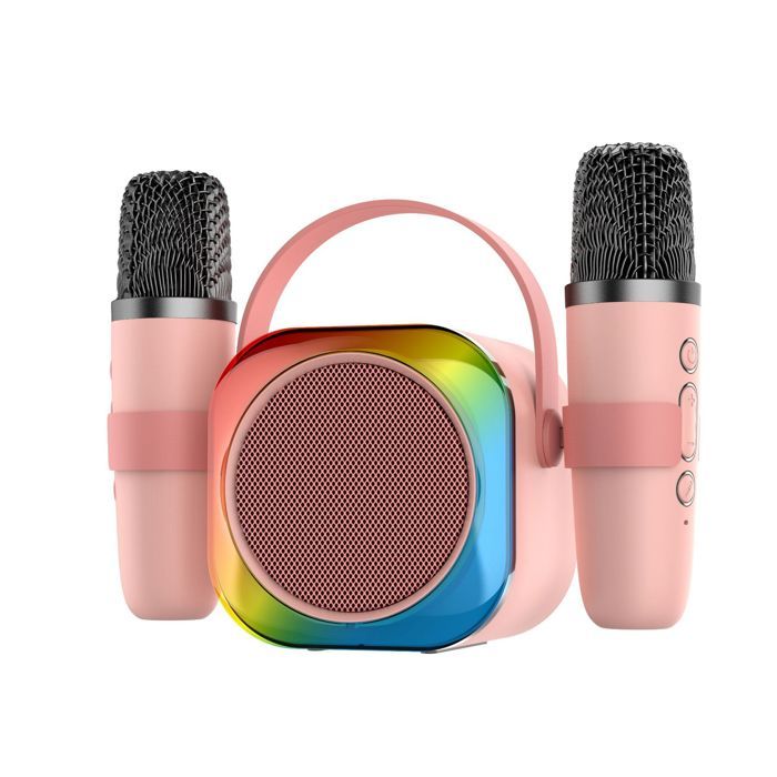 Micro Karaoké Enfant Bluetooth – 2 Microphones LED – Effets Lumière, Écho, Sons Magiques – Portable – Cadeau Rose