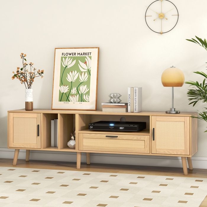 Meuble TV spacieux de 180 cm avec décoration en rotin 2 portes et un tiroir pieds en bois massif meuble de rangement TV meuble