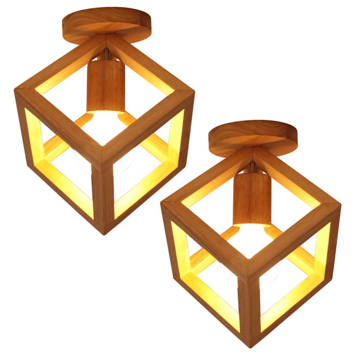 WOTTES Lot de 2 Plafonniers Industriel E27 Lustre Luminaire Abat-jour en Bois Forme Cage Cube Géométrique Rétro Éclairage Salon