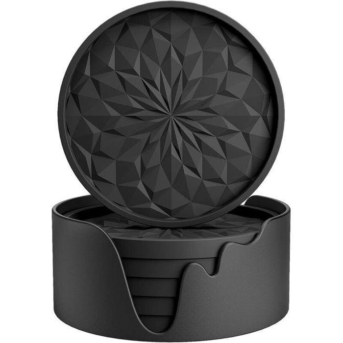 Dessous de verre en silicone avec support pour boissons chaudes ou froides épais antidérapant plateau profond noir lot de 6