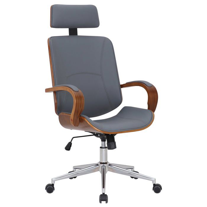 Fauteuil de bureau retro chic – Confort et style intemporel assise en PVC gris cadre en metal et bois couleur noyer 10_0007044