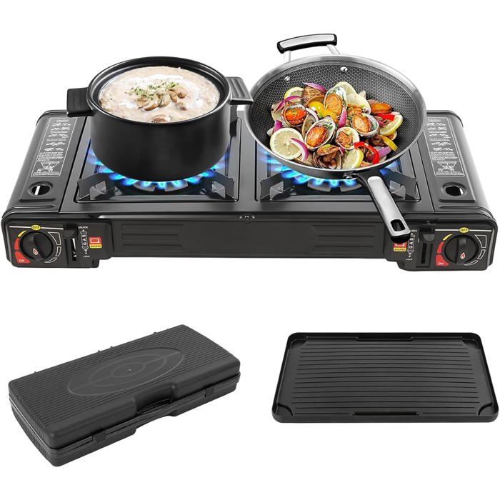 Réchaud à gaz portable - 2 feux - Plateau de barbecue - Malette de rangement - Dimensions 64x278x8 cm