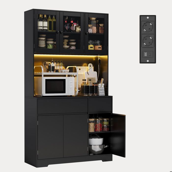 Buffet Haut Cuisine - Bealife - 6 Portes - 2 Tiroirs - 1 Niche - Étagère Réglable - LED - Prise USB - Meuble Armoire Rangement Blanc