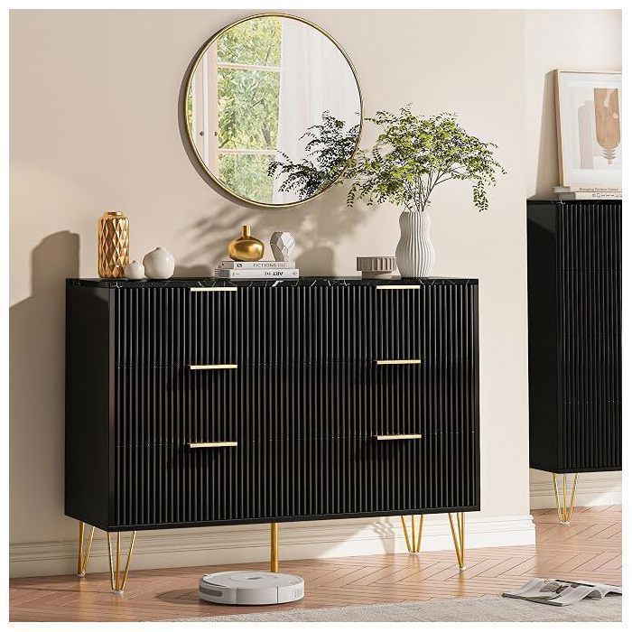 Commode 6 Tiroirs Design Moderne Ondulé 3D Plateau Marbre Poignées Dorées Meuble Rangement Salon Chambre Entrée Noir