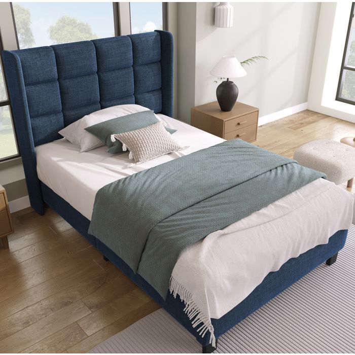 VIVRYN Lit capitonné au design moderneLit simple 90x200 cm avec sommier à lattes en lin bleu