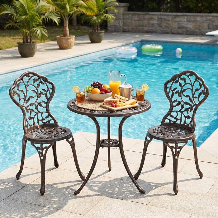 Ensemble table et chaises de jardin 2 places - Style rétro - Fonte daluminium - Table Ø60 cm - Couleur bronze