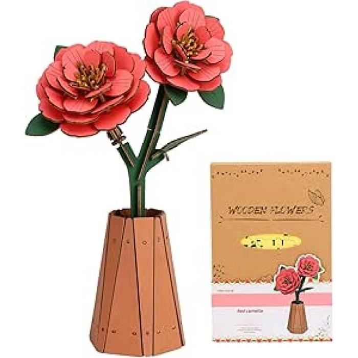 3D Puzzle Bois Camélia Fleur Rouge pour Adulte Fleurs Artificielles Deco pour Leur Anniversaire la Saint-Valentin FLEUR STABILISEE