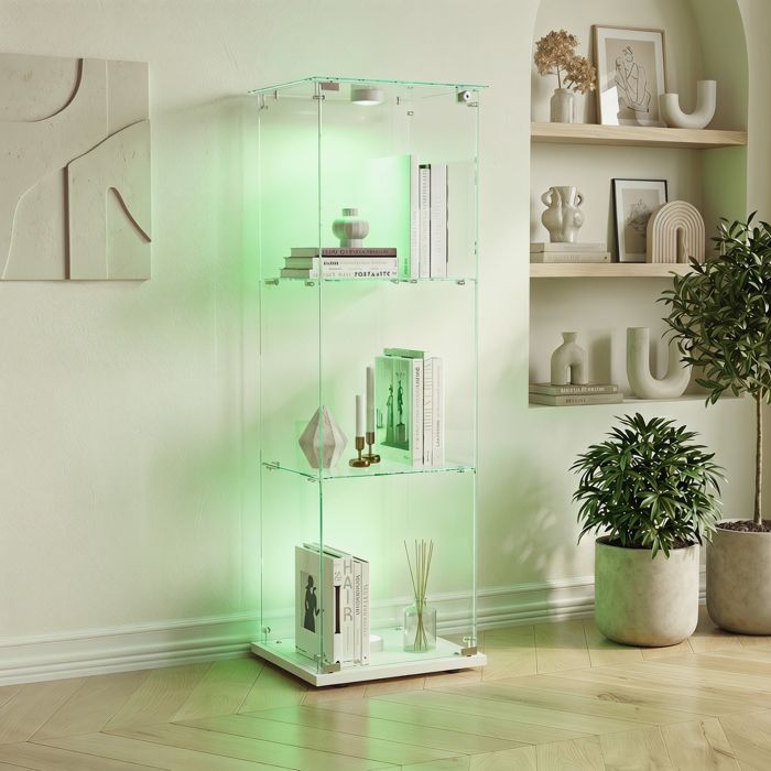 Vitrine collection avec 3 etageres vitrine en verre avec LED tactile armoire vitrine avec serrure meuble salon trempé blanc