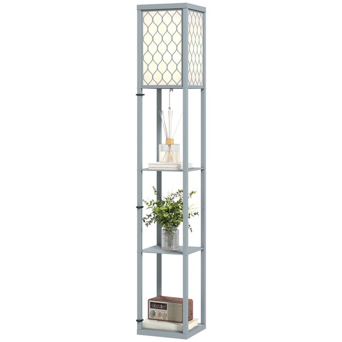 LIA Lampadaire étagères 3 niveaux interrupteur tirette 26x26x160 cm gris blanc