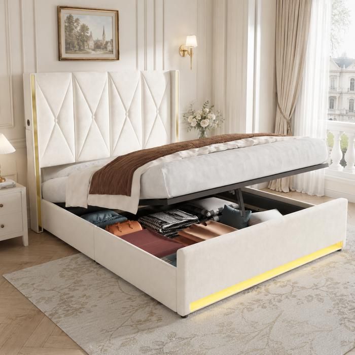 Lit velours 160x200 - PAGE Living - Tête haute matelassée - USB/USB‑C & LED - Rangement hydraulique