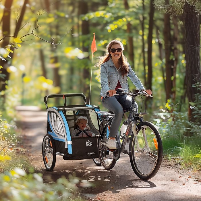 Remorque vélo enfant et poussette 142 x 75 x 101 cm bleu acier harnais 5 points attelage universel