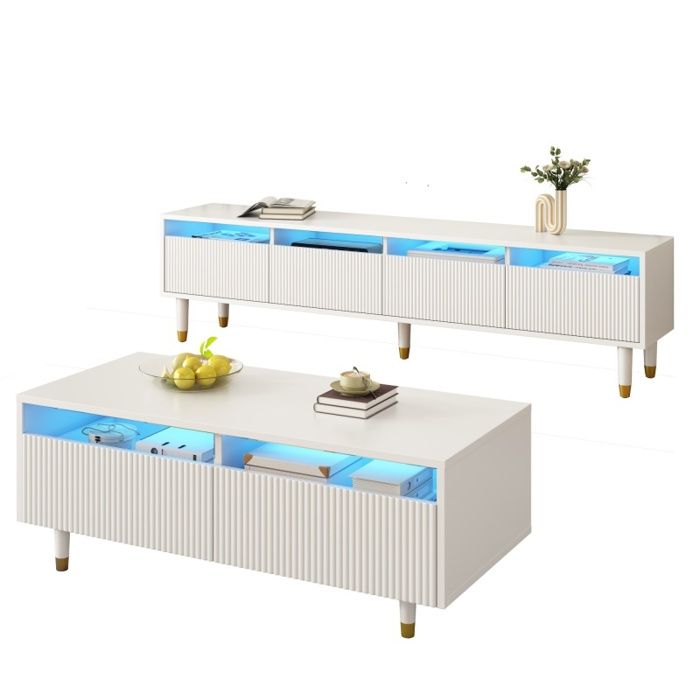 Ensemble TV LED et Table Basse Blanc et Or - Meuble TV 4 Portes et Table Basse 2 Tiroirs avec Façades Ondulées en Acrylique