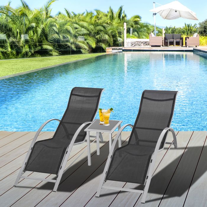 Set bain de soleil de jardin 3 pièces en métal mesh noir et argent avec 2 transats et table 59 x 169 x 66 cm