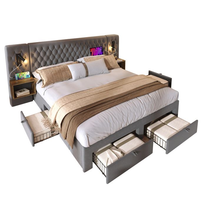 Lit 180x200 velours gris avec 2 tables de chevet 4 tiroirs tête de lit lampe de lecture port USB sans matelas