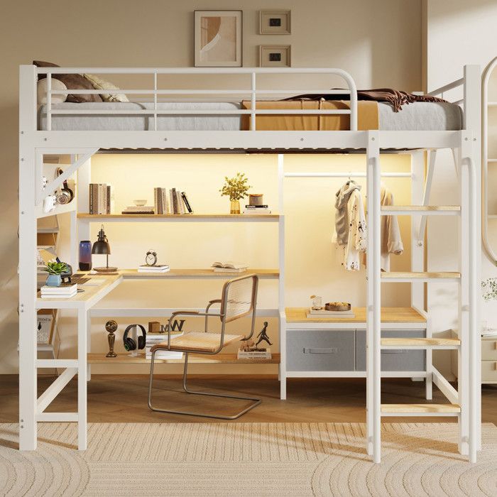 Lit mezzanine enfant lit double 140x200 cm structure en fer panneau perforé tiroirs bureau port USB LED sans matelas blanc