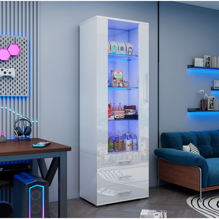 MEUBLIV Vitrine blanche 60 x 35 x 180 cm avec LED façade brillante 1 porte acrylique et 3 tiroirs