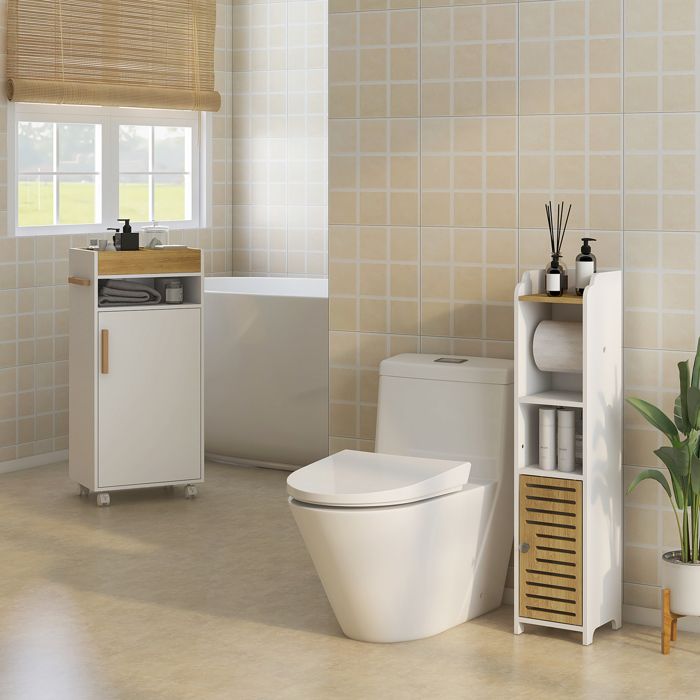 Meuble de salle de bain 40 x 30 x 88 cm blanc plateau amovible étagère ouverte et placard fermé