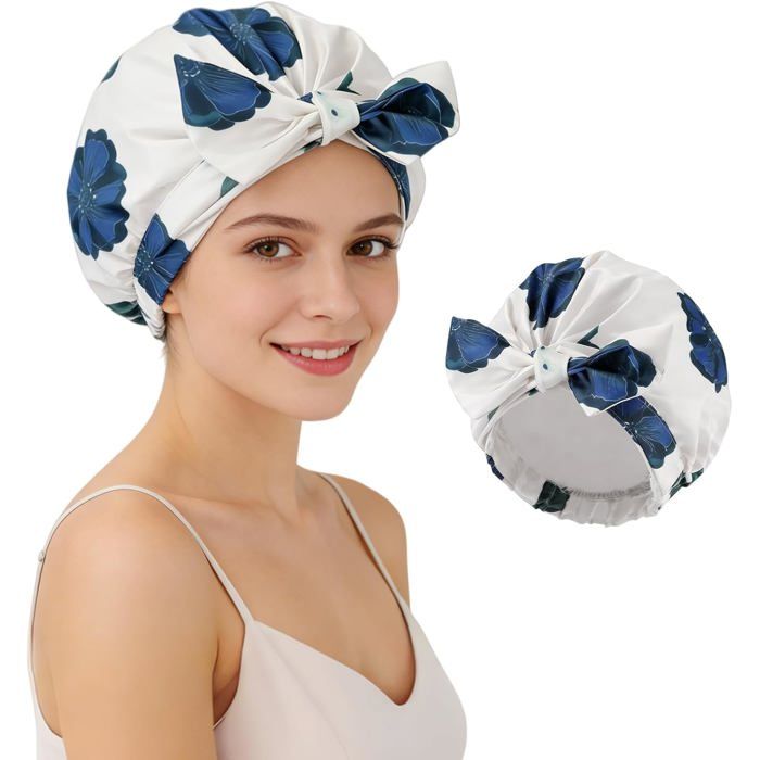Bonnet de Douche Femme Imperméable Réutilisable Élastique Double Couche pour Cheveux Longs Courts ou Bouclés. - Fleurs - Fleurs