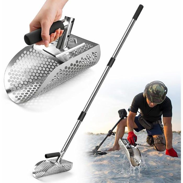 Pelle à Sable de Détection en Acier Inoxydable 304 Manche Démontable 114cm Pelle Tamis pour Plage et Jardin Anti-Rouille Argent