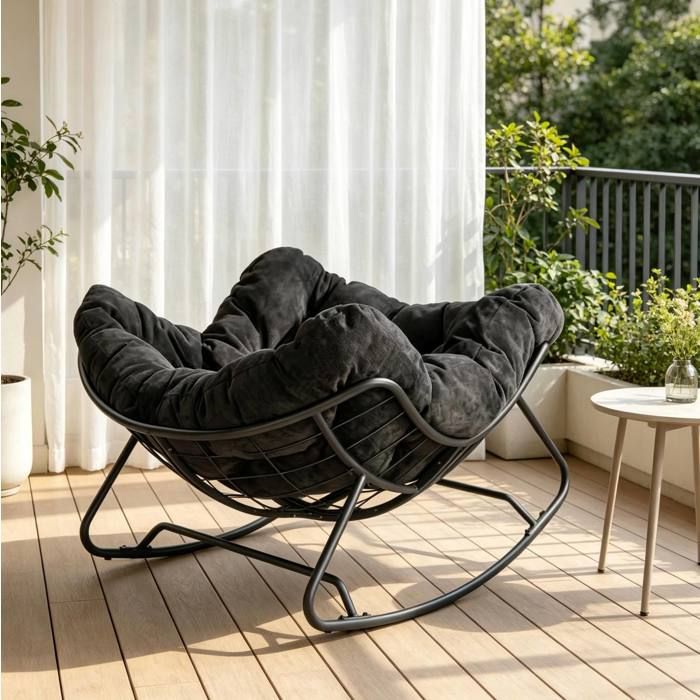 Rocking-chair 1 place - avec assise enveloppante et base traîneau incurvée - en chenille et métal - noir - 91 × 102 5 × 77 cm