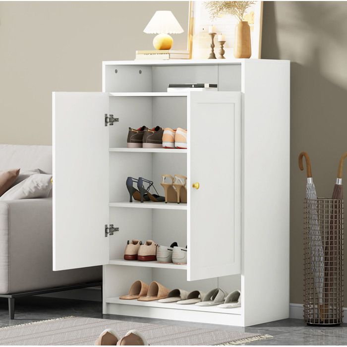 Meuble à chaussures blanc AESVAR 2 portes 73 x 34 x 109 cm étagères réglables poignées dorées