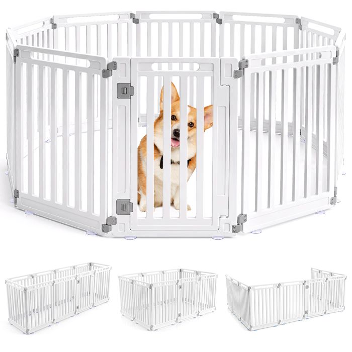 Barrière de Sécurité pour Chiens Chats COSTWAY Escalier/Porte 10 Panneaux en HDPE Intérieur/Extérieur Porte Verrouillable Blanc