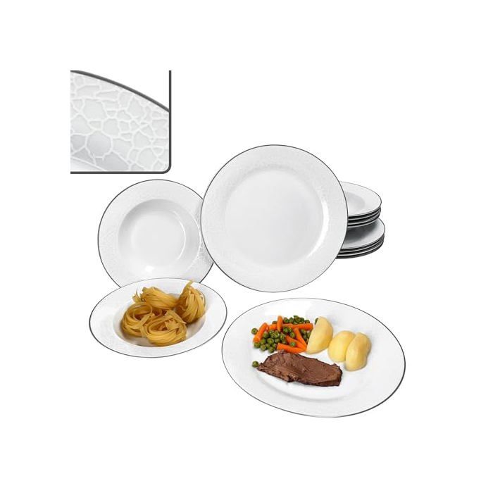 Service de table - MAMBOCAT - Venise 12 pièces - Porcelaine - Relief aspect galets gris - Lave-vaisselle & micro-ondes Service de table - MAMBOCAT - Venise 12 pièces - Porcelaine - Relief aspect galets gris - Lave-vaisselle & micro-ondes