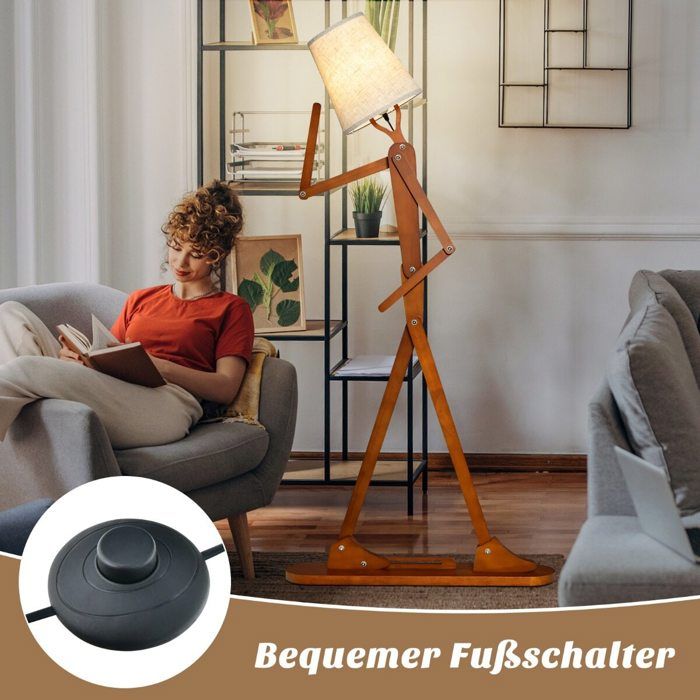 160 cm Lampadaire en bois pour salon et chambre abat-jour en tissu articulations réglables interrupteur au pied 160 cm Lampadaire en bois pour salon et chambre abat-jour en tissu articulations réglables interrupteur au pied
