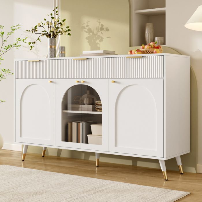 Buffet bahut bas Blanc 4 portes et 3 tiroirs 140 x 40 x 85.5 cm Meuble Armoire moderne de Rangement Salon et Salle à Manger