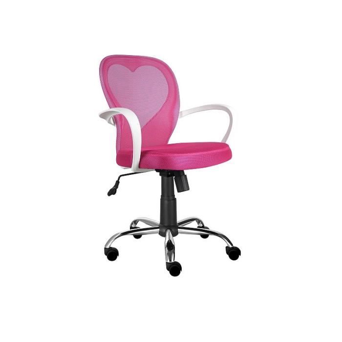 meubles - chaise de bureau à roulettes forme coeur sur le dossier daisy - rose / blanc - h 98 x l 60 x p 47
