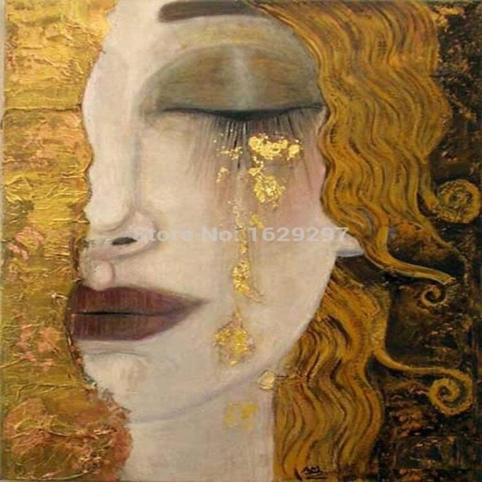 Tableau Toile Gustav Klimt Larme Peinture à L'Huile 60x80cm - Art Mural Portrait Abstrait Salon