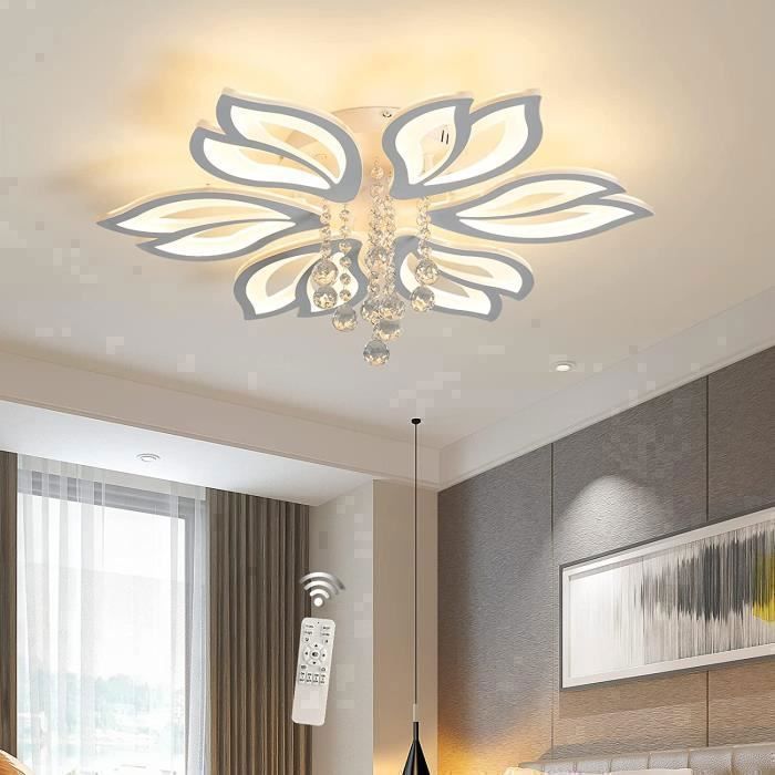 GANEED Plafonnier LED Fleur 56W Blanc Ø65 cm Métal Acrylique et Cristal 3 Couleurs de Lumière pour Salon Chambre et Salle à Manger