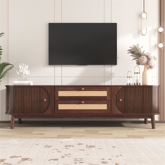 meuble tv 170x39.5x46cm - meuble tv en bois avec portes et tiroirs en rotin style maison de campagne pour rangement - marron