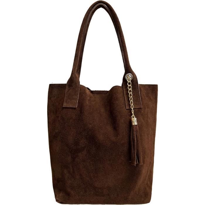 Sac Shopper Pour Femme En Daim Veritable Avec Etui A Bijoux De La Meme Couleur Sac A Main Sac A Bandouliere H3046 Marron Fonce Cdiscount Bagagerie Maroquinerie