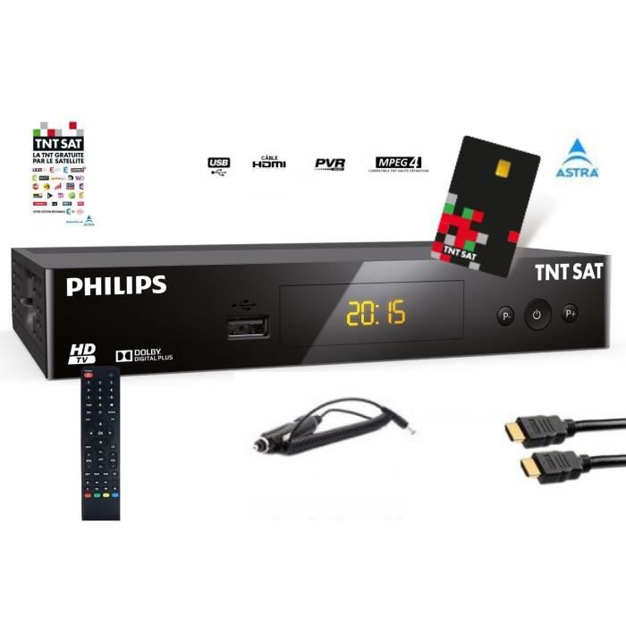Câble 12V+ Carte TNT Sat Récepteur Philips DSR 3231T Démodulateur Satellite HD TNTSAT Noir Haute définition +Câble HDMI 