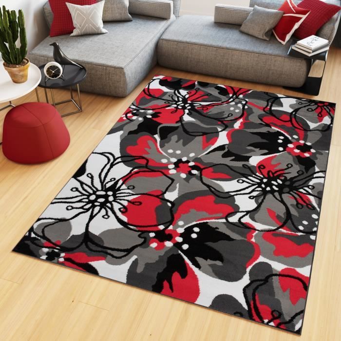Tapiso Maya Tapis Salon Chambre Ado Moderne Fleure Feuille Rouge Gris Noir Blanc Fin 250 X 300 Cm Achat Vente Tapis Cdiscount