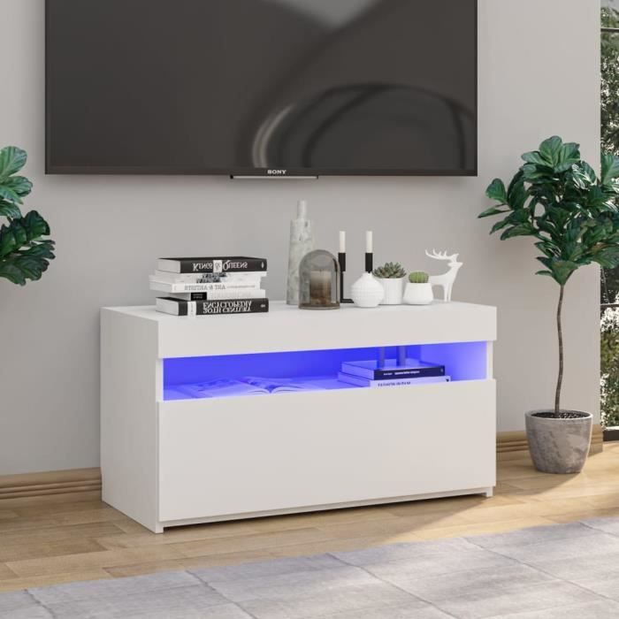 Meuble TV Blanc Avec Lumières LED RGB - Dimensions 120x30x36 Cm - Bois Aggloméré Et Verre Trempé - Poids 19.64 Kg