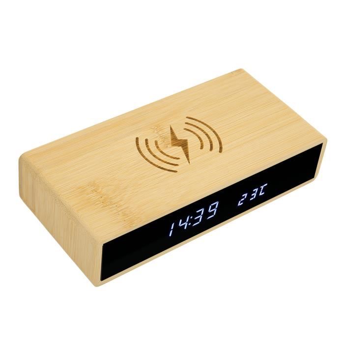 Réveil Avec Chargeur Sans Fil + Capteur Température/humidité – Design Bois, écran LED Réglable – 3 Alarmes – Pour Table De Chevet, Bureau