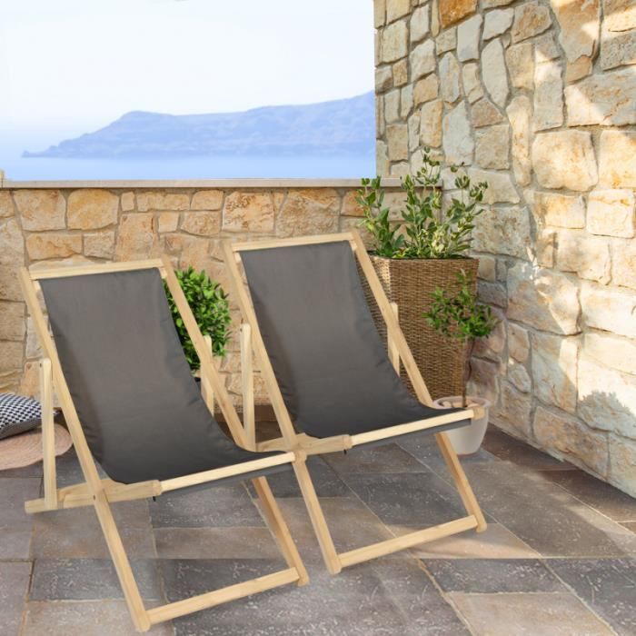 ID MARKET - Lot de 2 chaises longues pliantes chilienne bois toile gris anthracite
