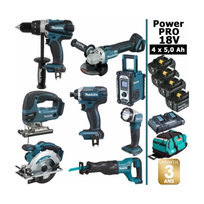 Pack Makita Power PRO 5 outils 18V: DDF458 + DGA504 + DTD152 + DJV180 +  DSS610