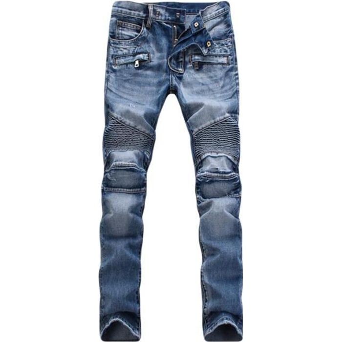Jean Homme INSFITY Slim Plissé Moto Jeans Pantalon Bleu Bleu