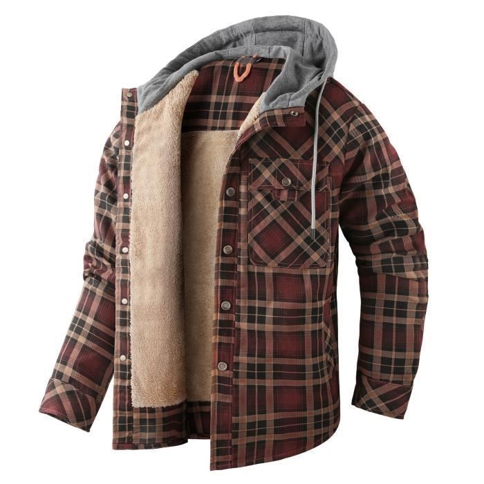 Chemise Hiver Capuche Homme A Carreaux Manches Longues En Coton INSFITY Regular Cafe