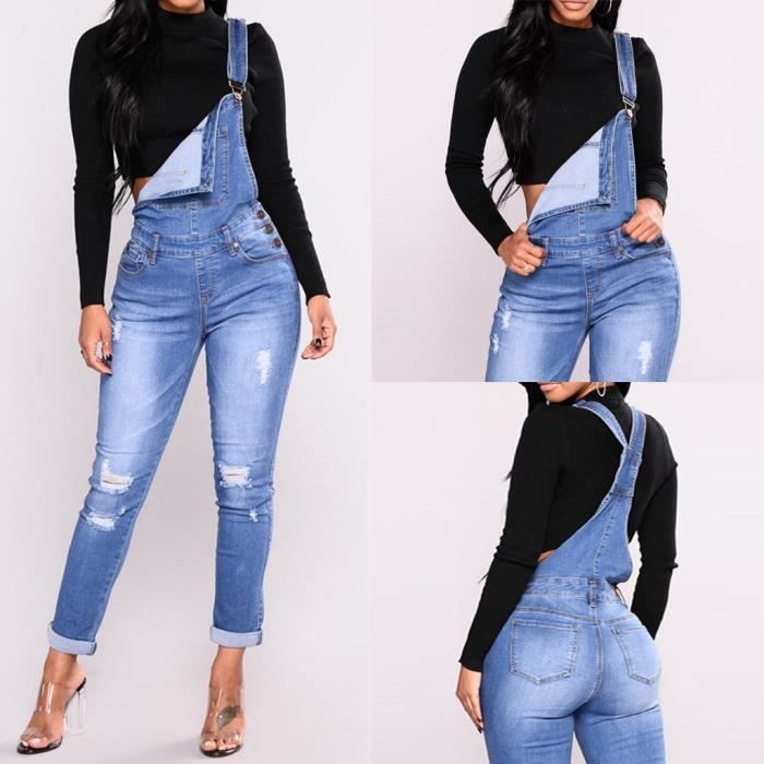 elke dag heilig landheer COMBINAISON - COMBIPANTALON - COMBISHORT Jeans droit pour femmes avec trous  dans les bretellesZHB90502496L3_12881 Bleu - Cdiscount Prêt-à-Porter