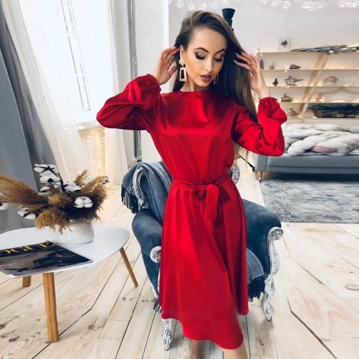 Robe Femmes Vintage ceintures Satin a ligne robe lanterne manches O cou solide elegant decontracte robe de soiree 2020 hiver OL