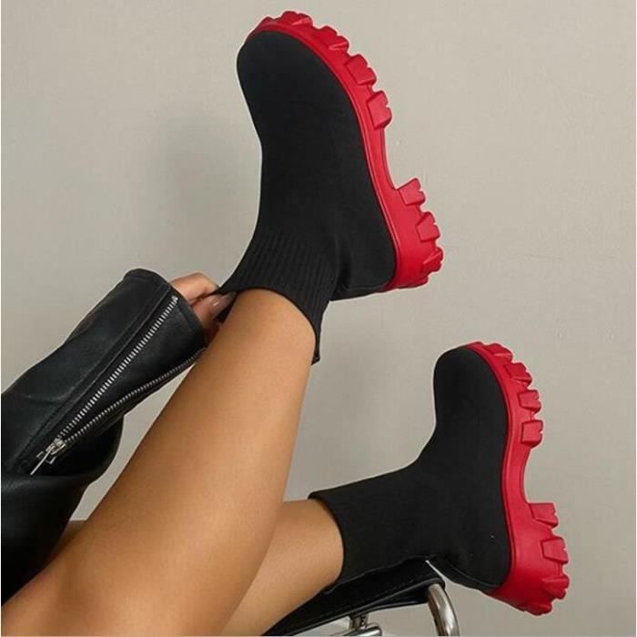 Chaussettes tricotees bottes courtes pour femmes semelle epaisse couleur rouge marque ECELEN Rouge Cdiscount Chaussures