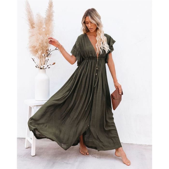 V Profond Dos Nu ?? Manches Courtes Robe ?? Lacets Taille Dames R?�tro Robe De Plage Longue Robe 