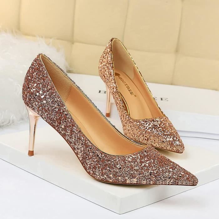 Escarpins Femme Talon Hauts 7cm Paillettes Stiletto Bout Pointu Prom Party